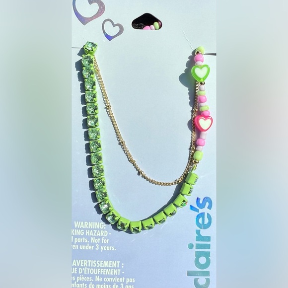 Claire's Green Pink Purple Heart Beads Faux Rhinestone Necklace, Gold-tone Chain - Picture 5 of 8